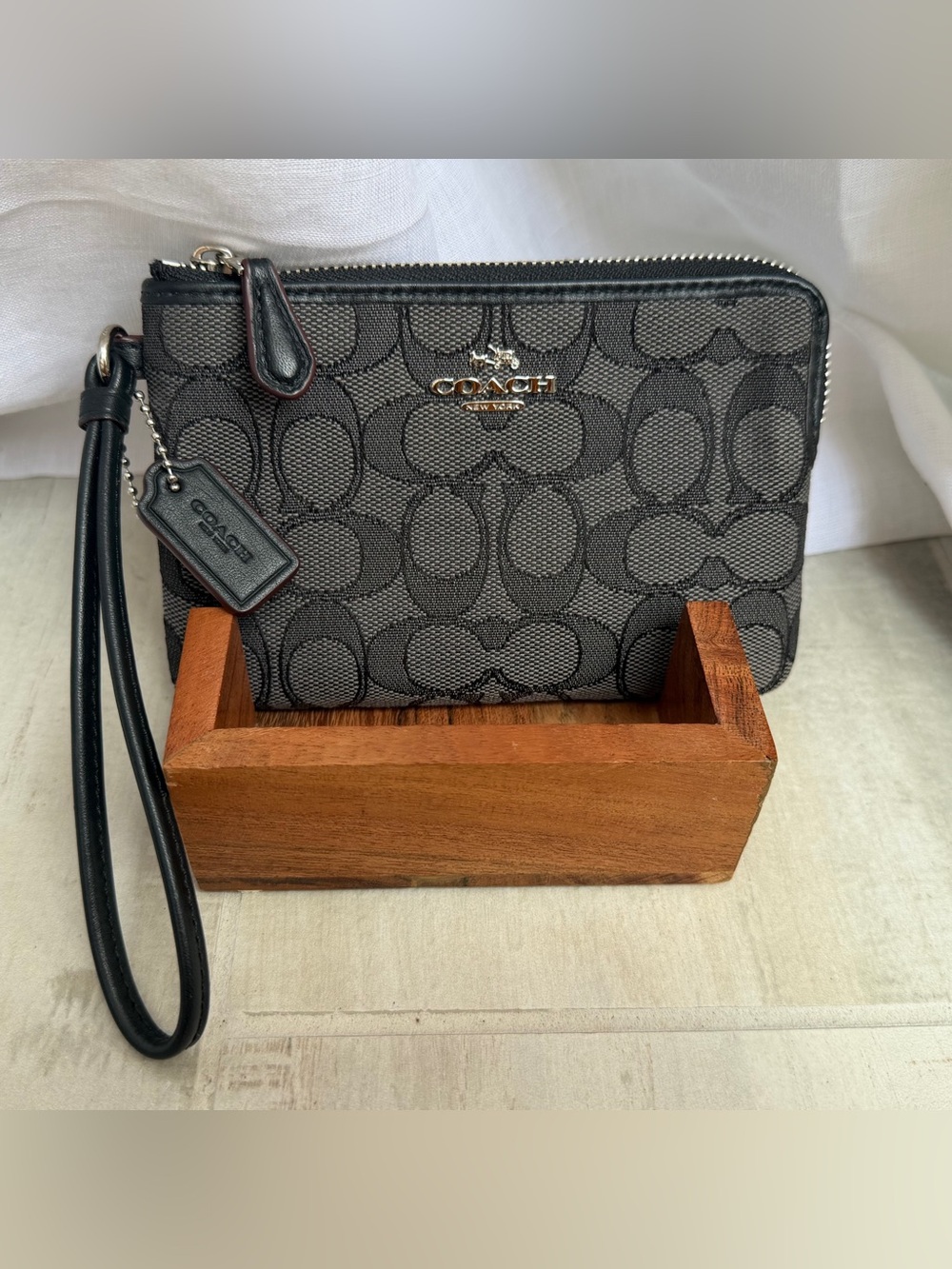 Coach Signature Small Wristlet Charcoal Black Canvas Wallet F54627